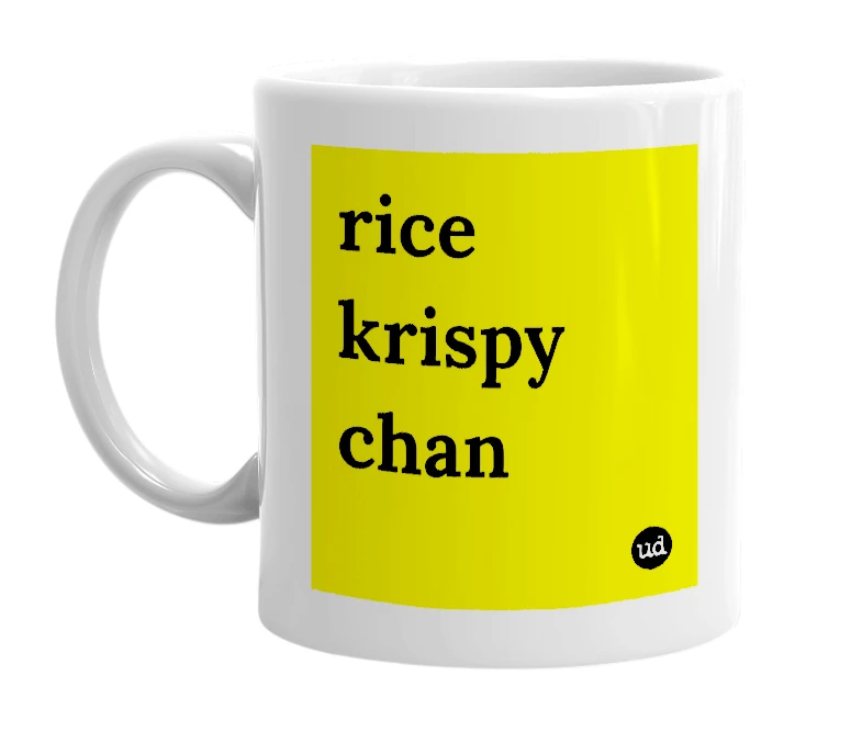 White mug with 'rice krispy chan' in bold black letters