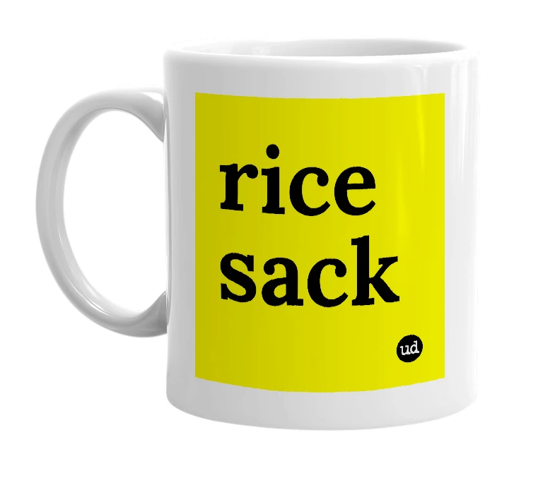 White mug with 'rice sack' in bold black letters