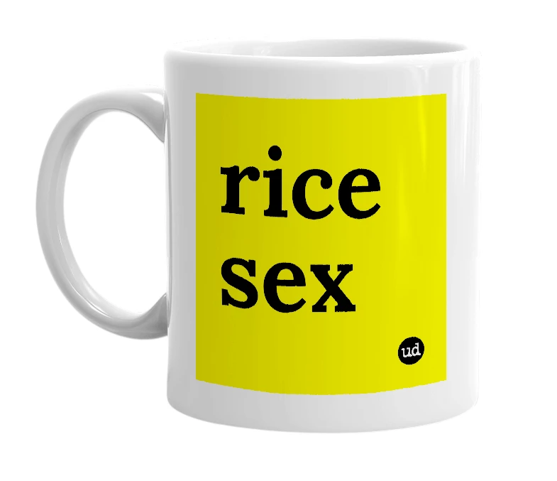 White mug with 'rice sex' in bold black letters