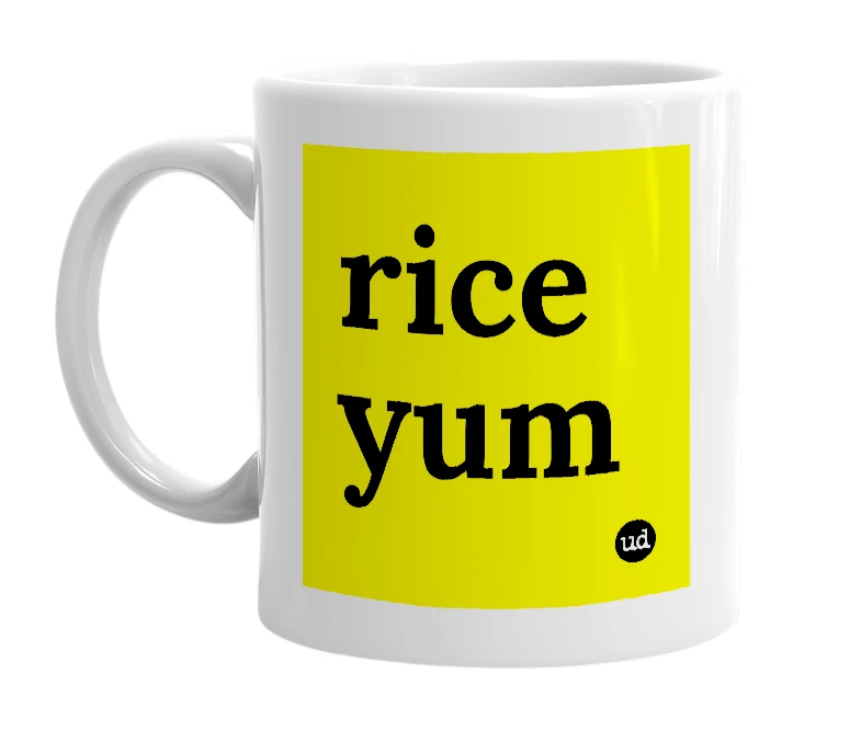 White mug with 'rice yum' in bold black letters