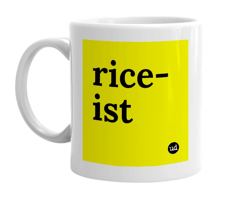 White mug with 'rice-ist' in bold black letters