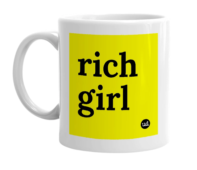 White mug with 'rich girl' in bold black letters