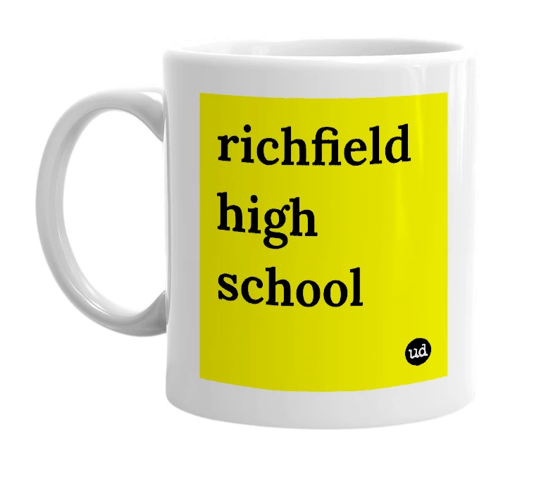 White mug with 'richfield high school' in bold black letters