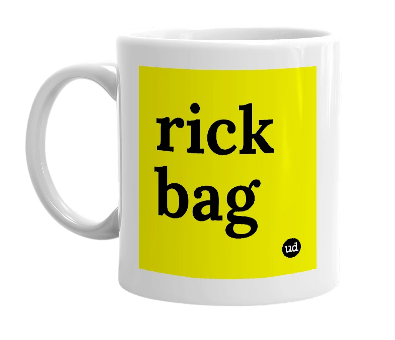 White mug with 'rick bag' in bold black letters