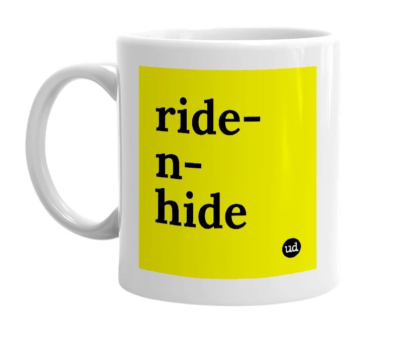 White mug with 'ride-n-hide' in bold black letters