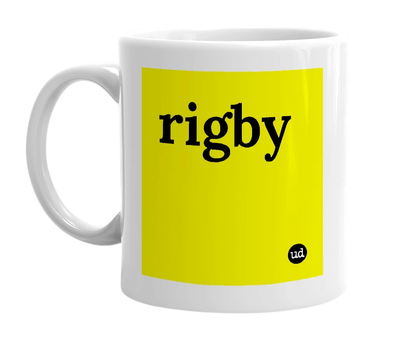 White mug with 'rigby' in bold black letters