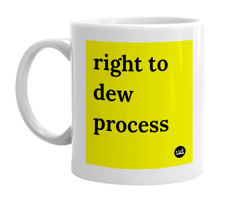 White mug with 'right to dew process' in bold black letters