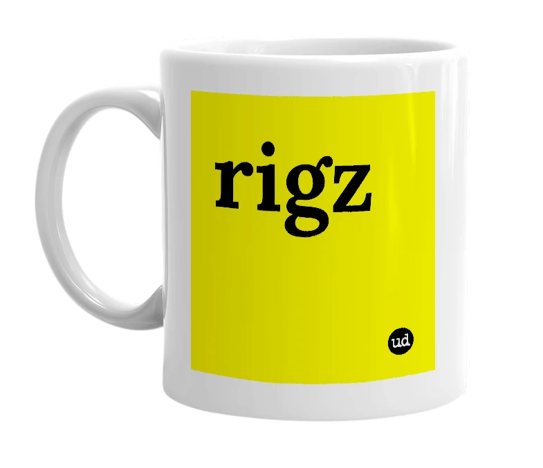 White mug with 'rigz' in bold black letters