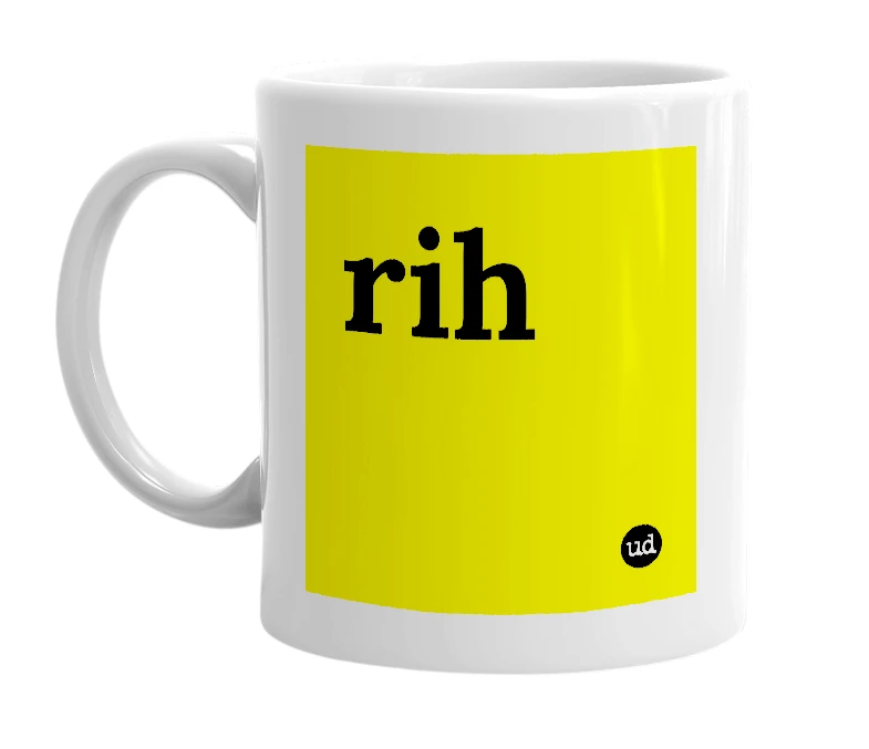 White mug with 'rih' in bold black letters