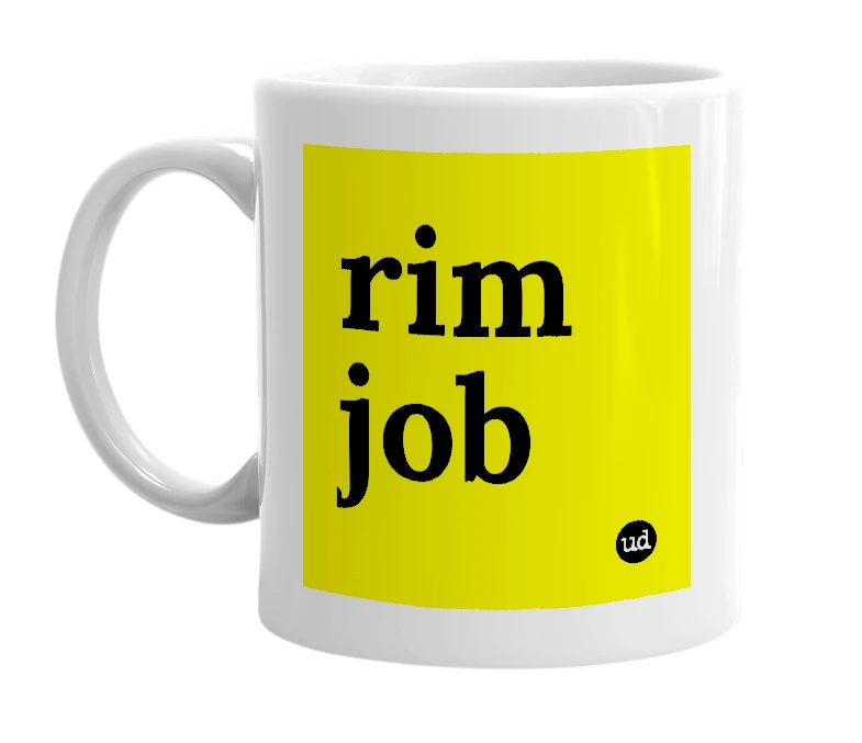 White mug with 'rim job' in bold black letters
