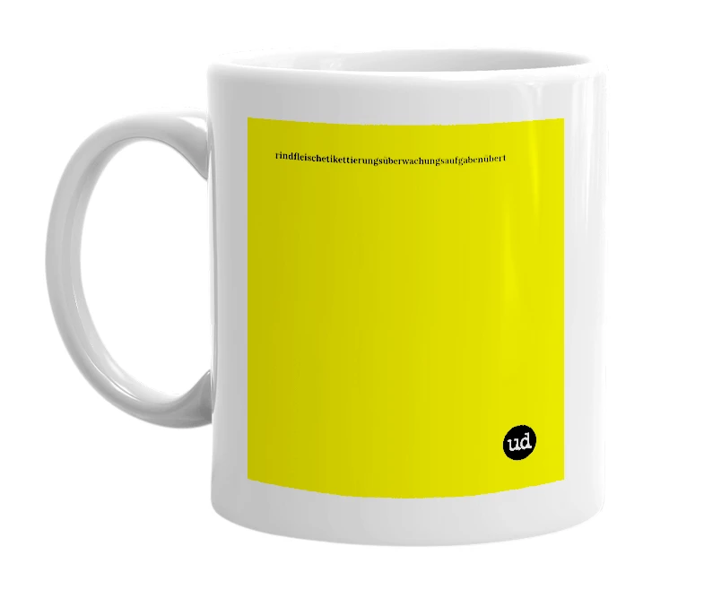 White mug with 'rindfleischetikettierungsüberwachungsaufgabenübert' in bold black letters