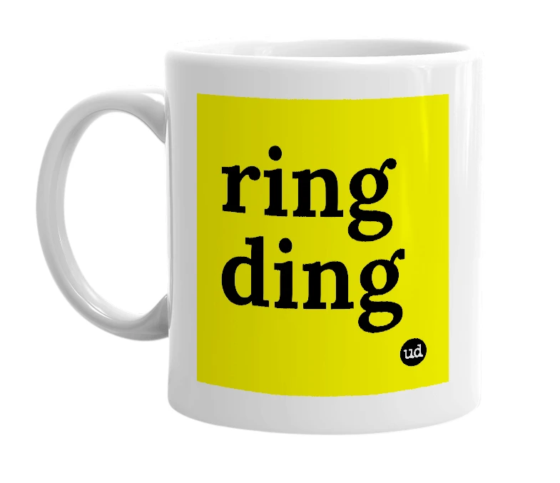 White mug with 'ring ding' in bold black letters