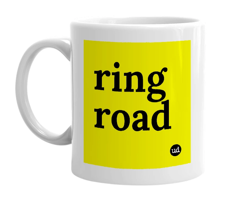 White mug with 'ring road' in bold black letters