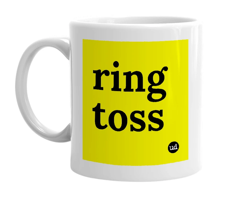 White mug with 'ring toss' in bold black letters