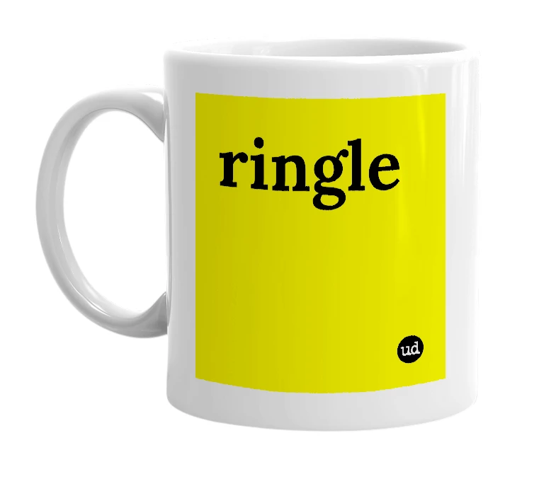 White mug with 'ringle' in bold black letters
