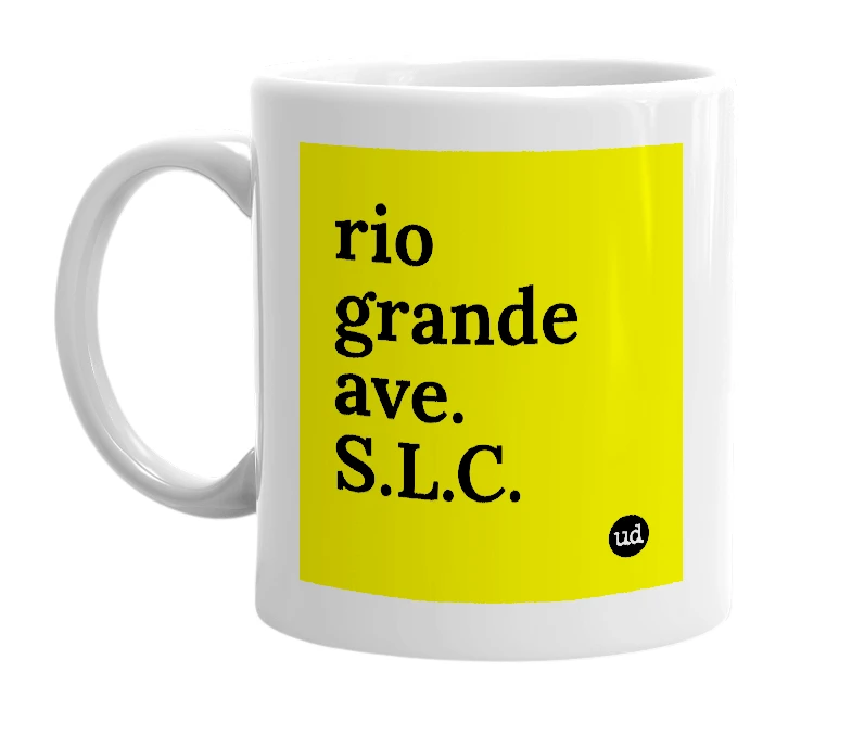 White mug with 'rio grande ave. S.L.C.' in bold black letters