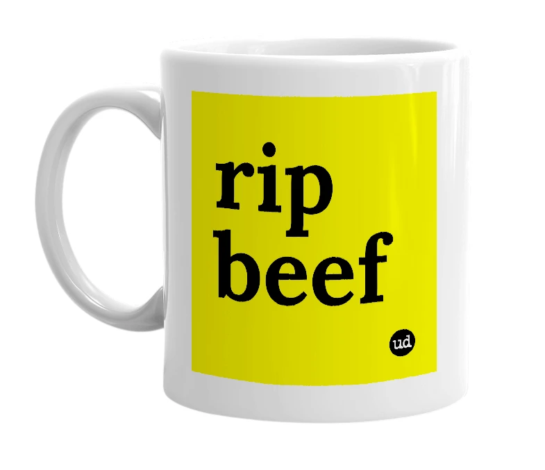 White mug with 'rip beef' in bold black letters