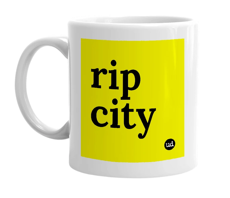 White mug with 'rip city' in bold black letters