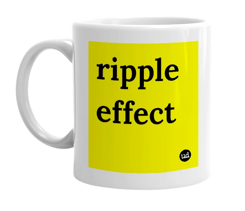 White mug with 'ripple effect' in bold black letters