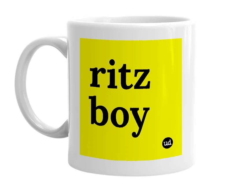 White mug with 'ritz boy' in bold black letters