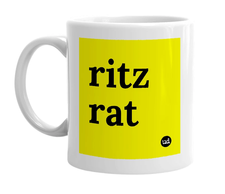 White mug with 'ritz rat' in bold black letters