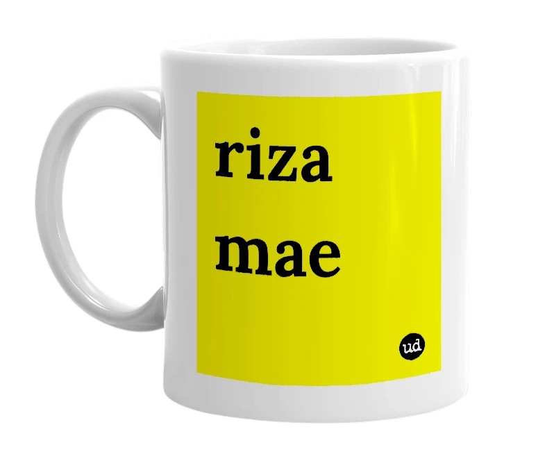 White mug with 'riza mae' in bold black letters
