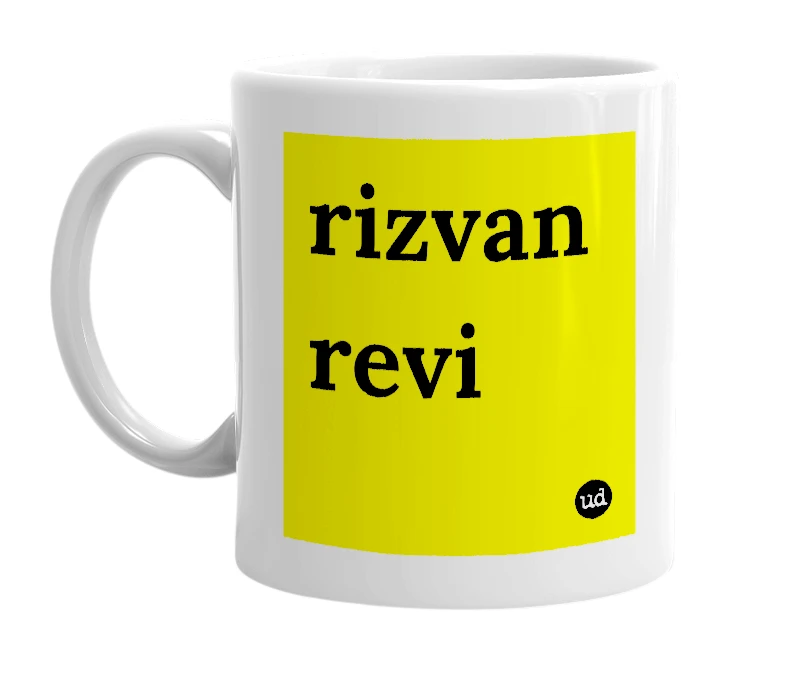 White mug with 'rizvan revi' in bold black letters