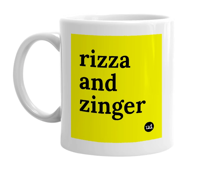 White mug with 'rizza and zinger' in bold black letters