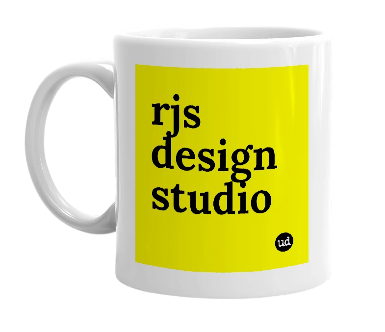 White mug with 'rjs design studio' in bold black letters