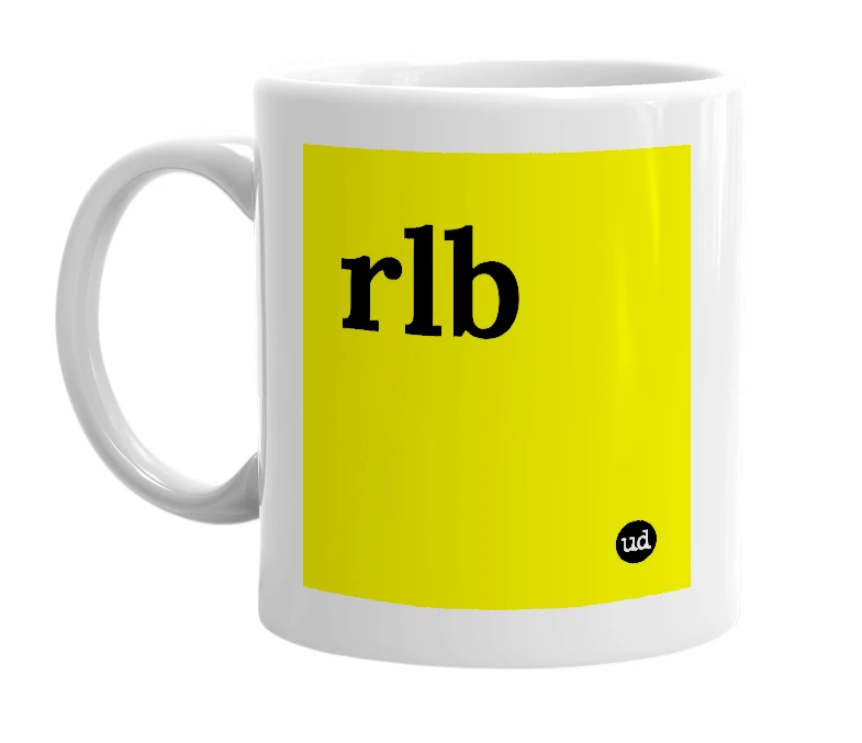 White mug with 'rlb' in bold black letters