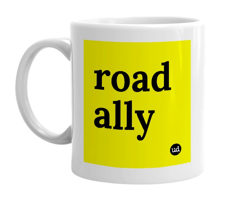 White mug with 'road ally' in bold black letters