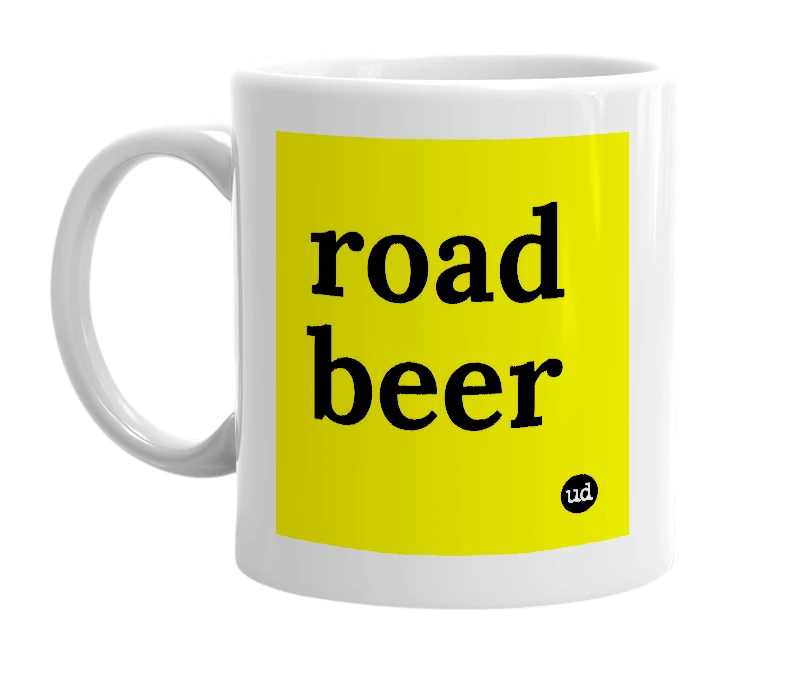 White mug with 'road beer' in bold black letters