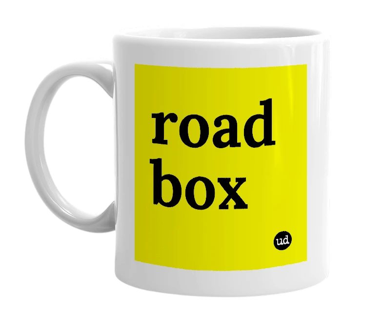 White mug with 'road box' in bold black letters