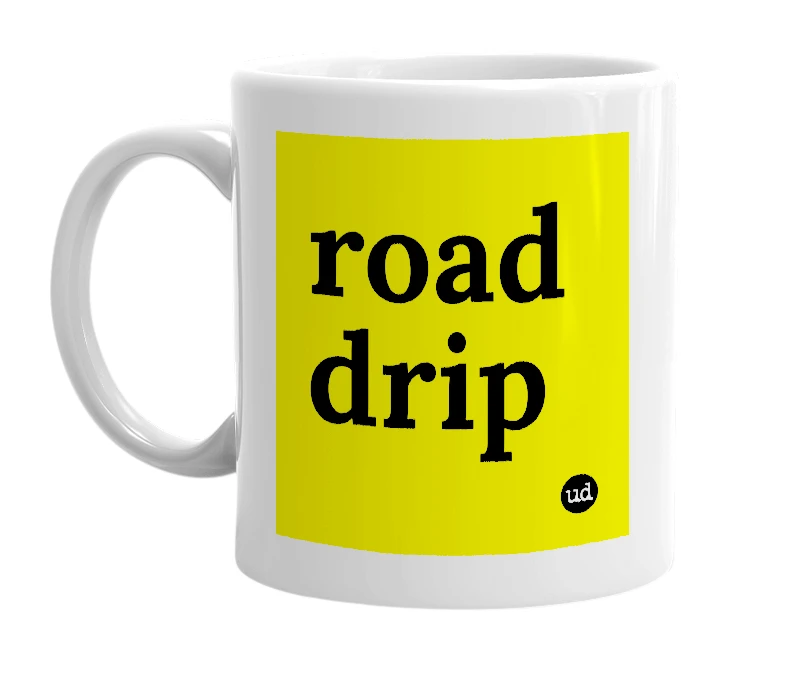 White mug with 'road drip' in bold black letters