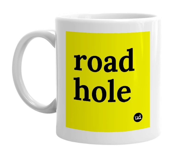 White mug with 'road hole' in bold black letters