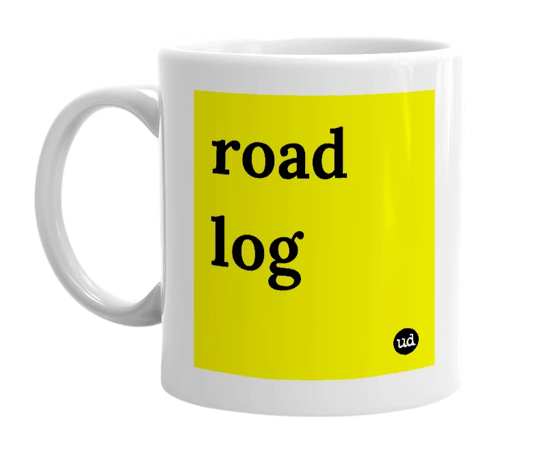 White mug with 'road log' in bold black letters