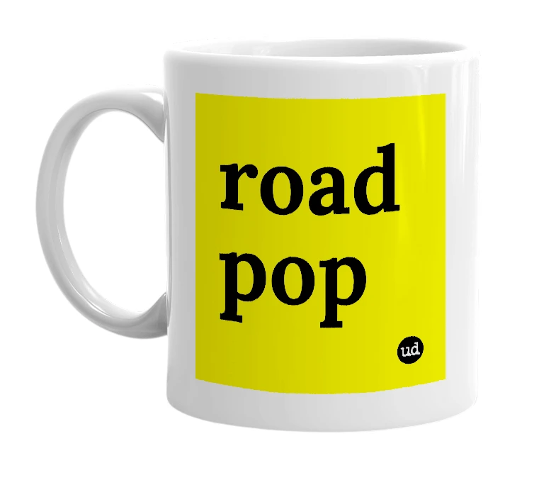 White mug with 'road pop' in bold black letters