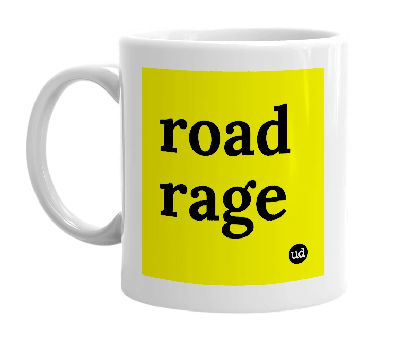 White mug with 'road rage' in bold black letters