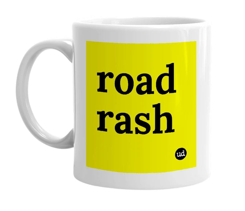White mug with 'road rash' in bold black letters