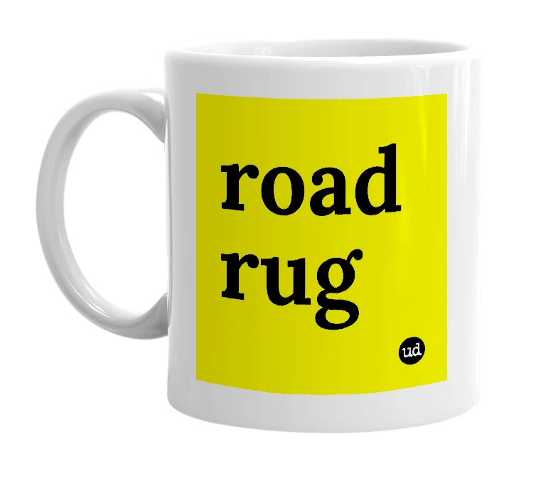 White mug with 'road rug' in bold black letters