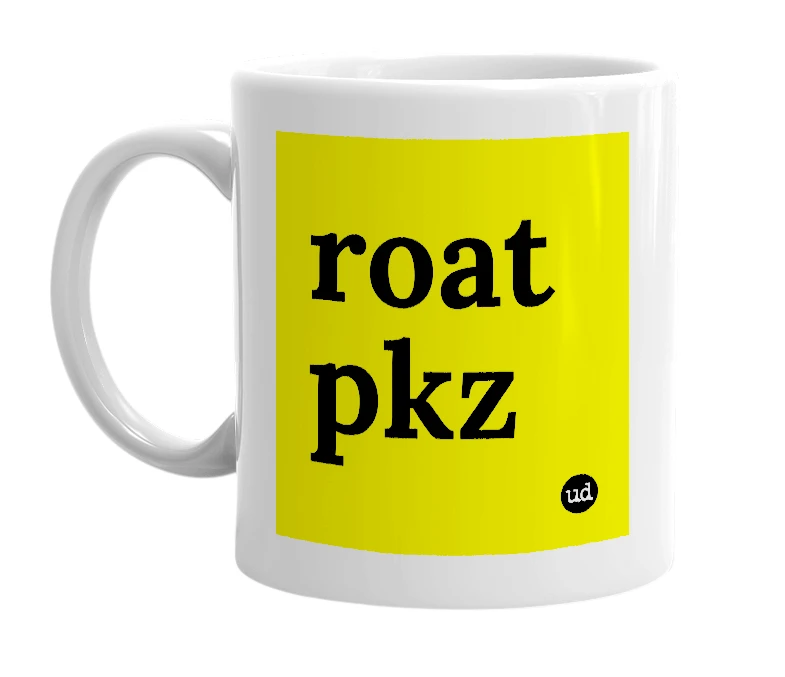 White mug with 'roat pkz' in bold black letters