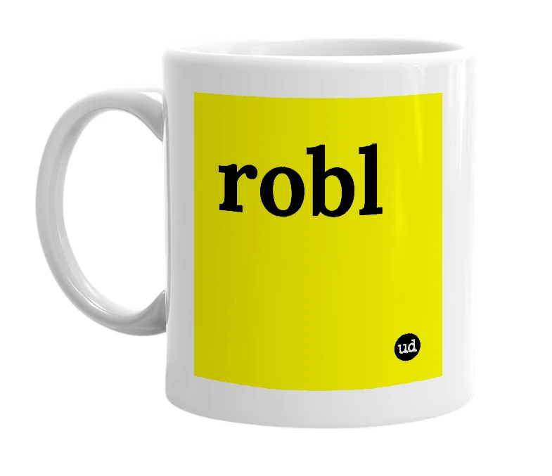 White mug with 'robl' in bold black letters