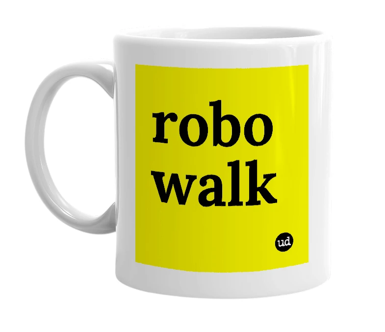 White mug with 'robo walk' in bold black letters