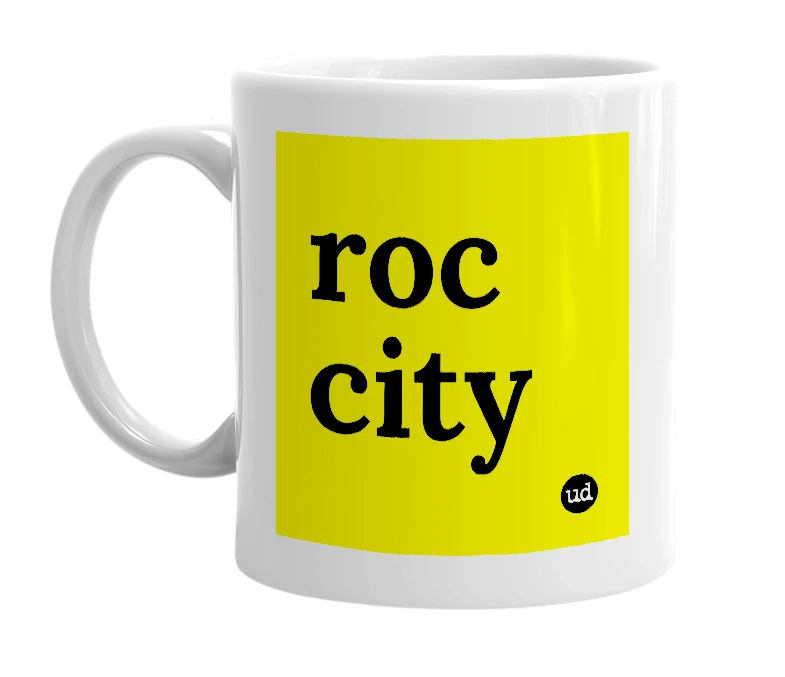 White mug with 'roc city' in bold black letters