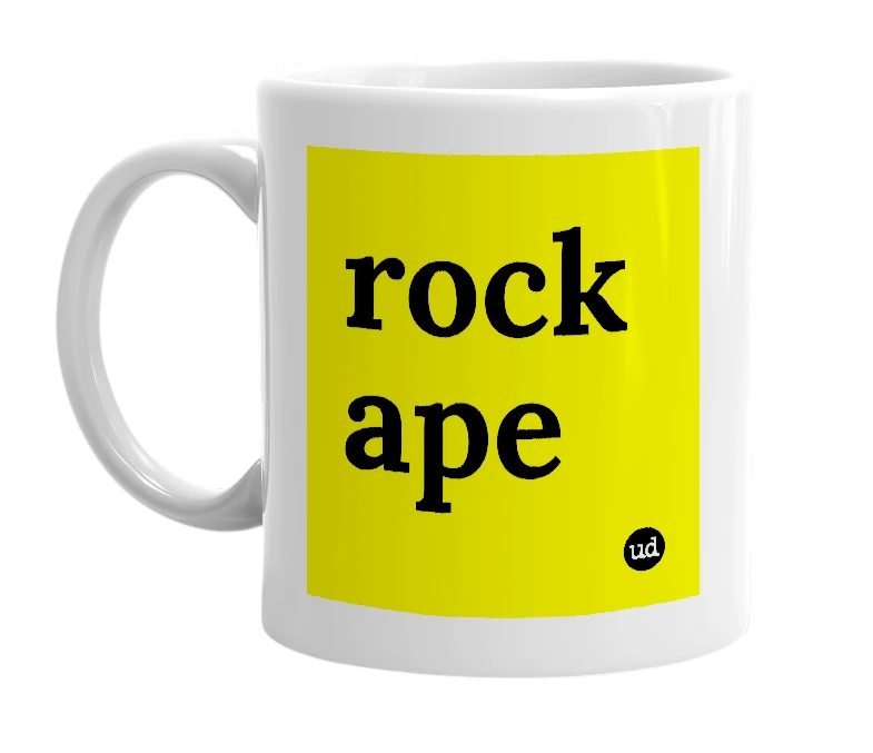 White mug with 'rock ape' in bold black letters
