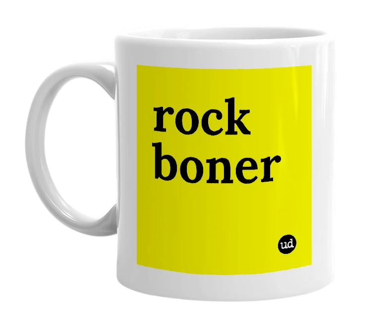 White mug with 'rock boner' in bold black letters