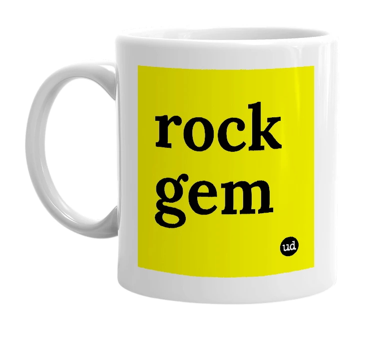White mug with 'rock gem' in bold black letters