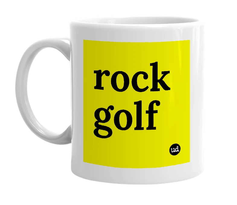 White mug with 'rock golf' in bold black letters