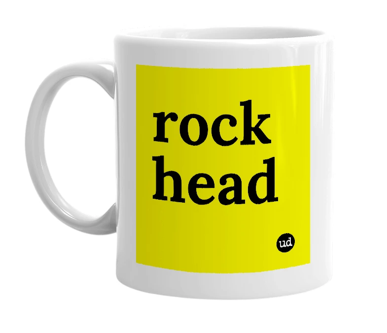 White mug with 'rock head' in bold black letters