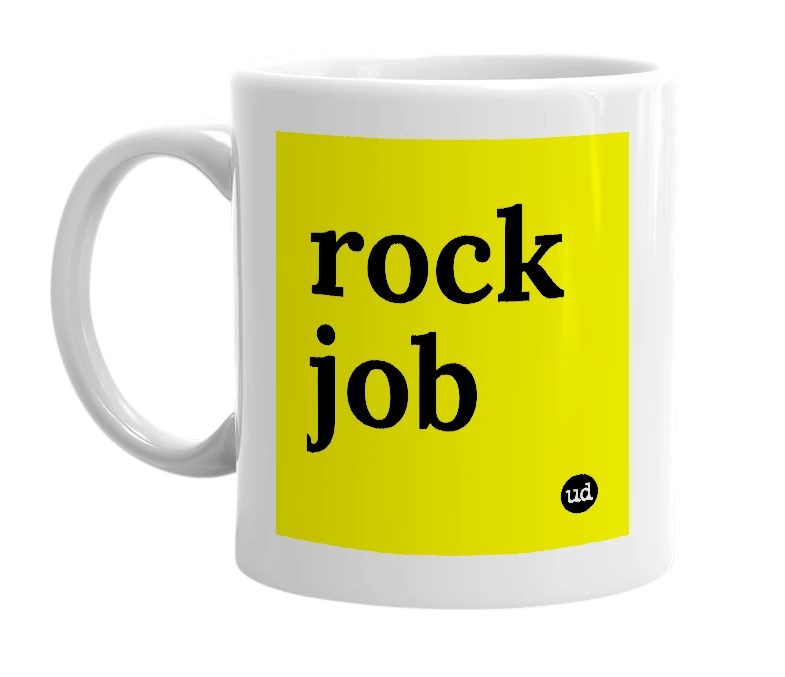 White mug with 'rock job' in bold black letters